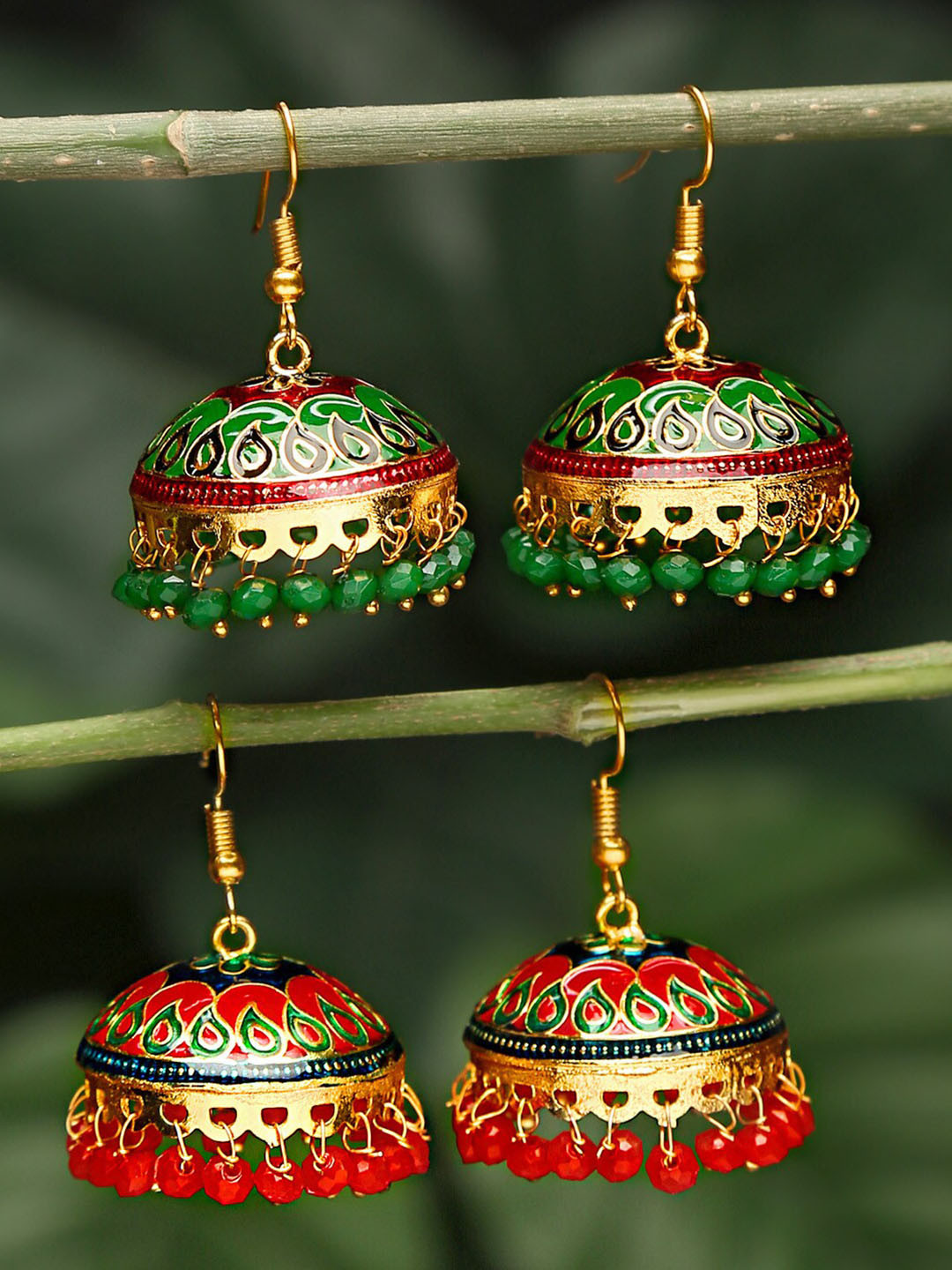 Yellow Chimes Set Of 2 Red & Green Dome Shaped Jhumkas Earrings