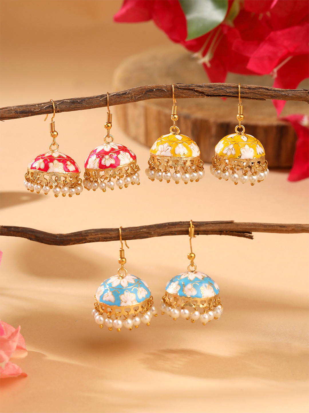 Yellow Chimes Set Of 3 Pair Gold-Plated Meenakari Jhumka Earrings