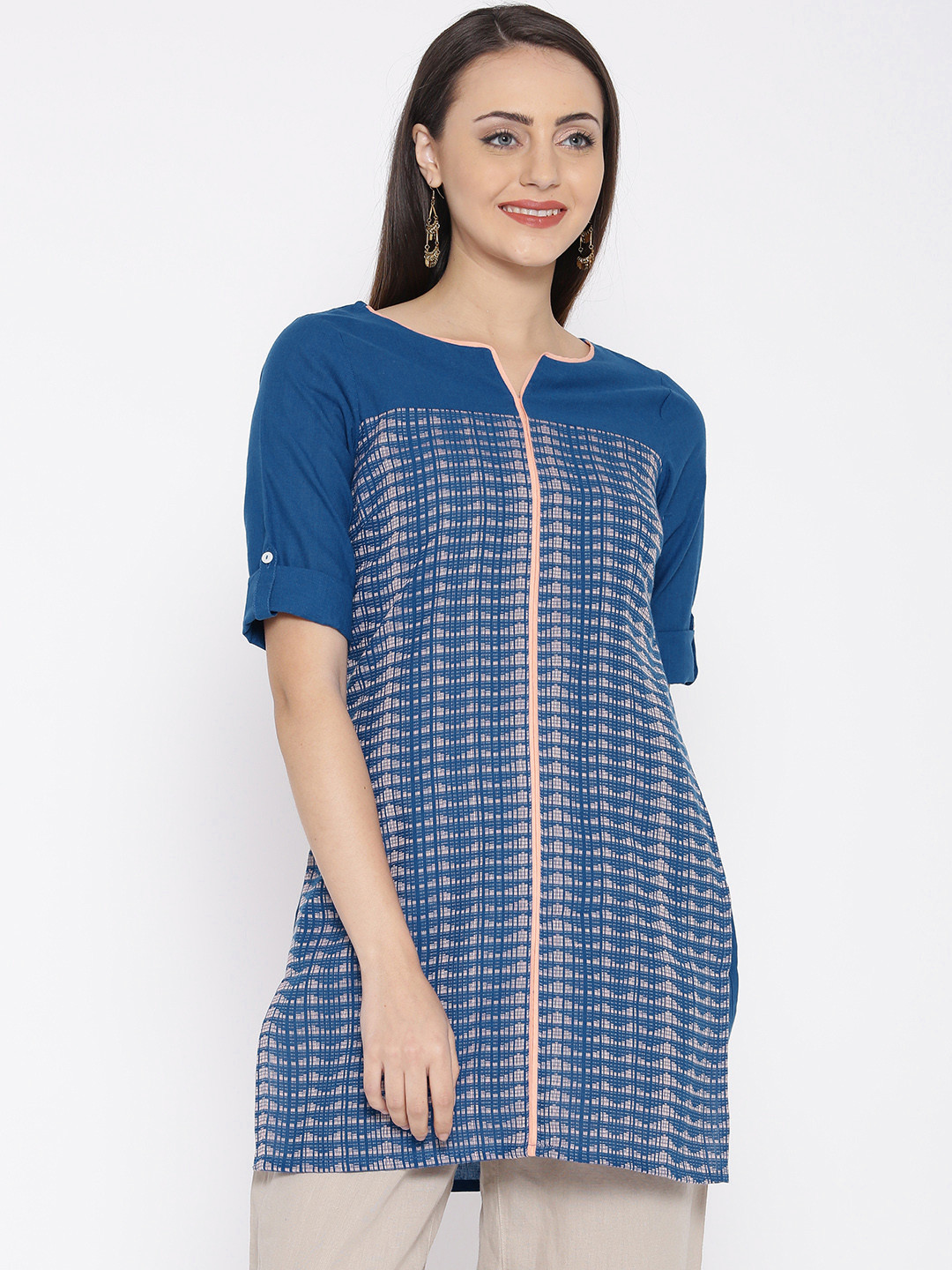AURELIA Blue Patterned Pure Cotton Kurti