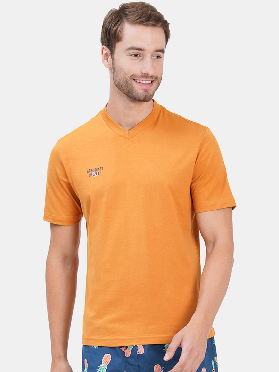U.S. Polo Assn. Men Mustard Yellow IYAS Comfort Fit Pure Cotton Lounge T-Shirt