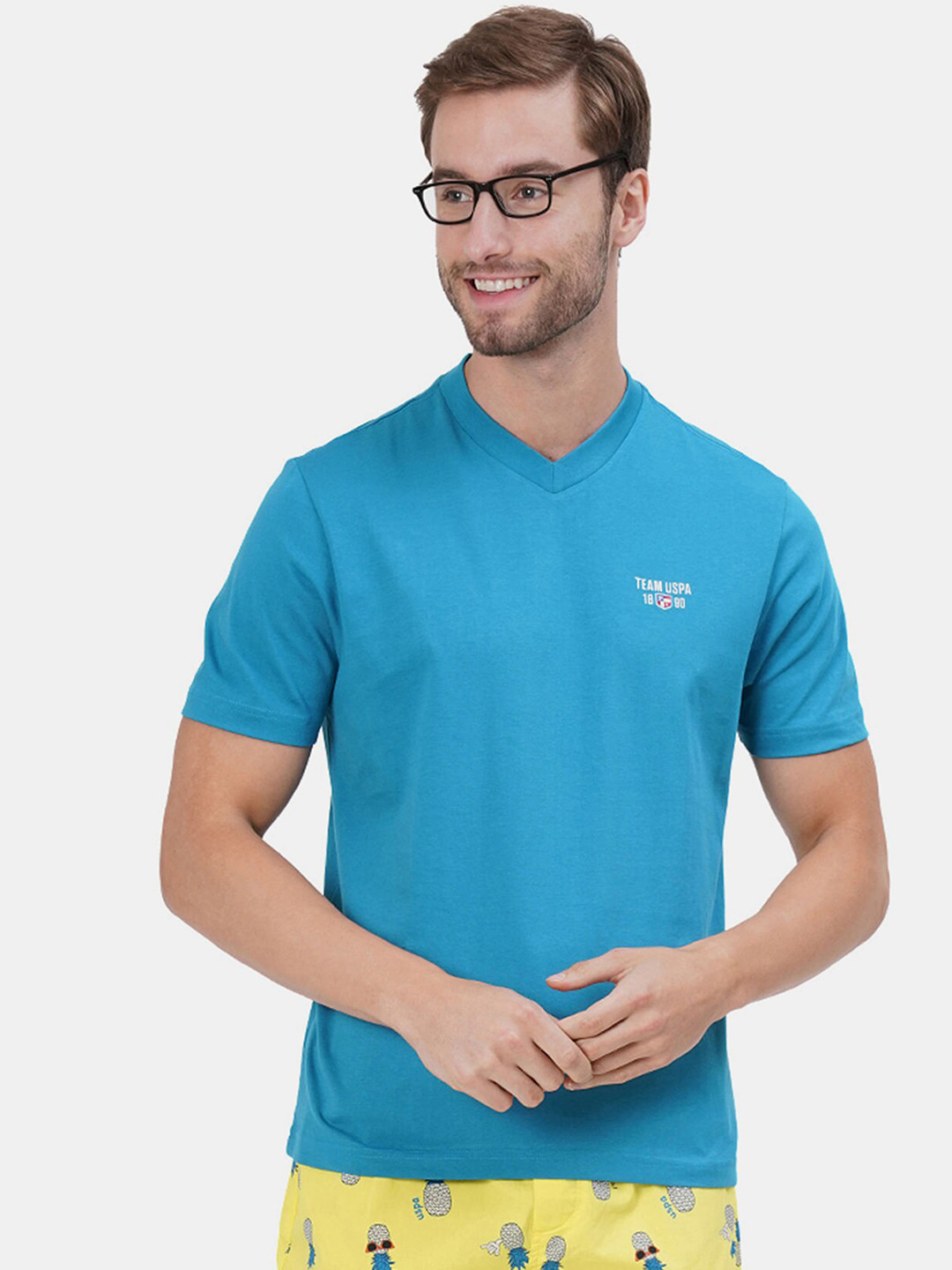 U.S. Polo Assn. Men Blue Solid Pure Cotton Lounge T-Shirt