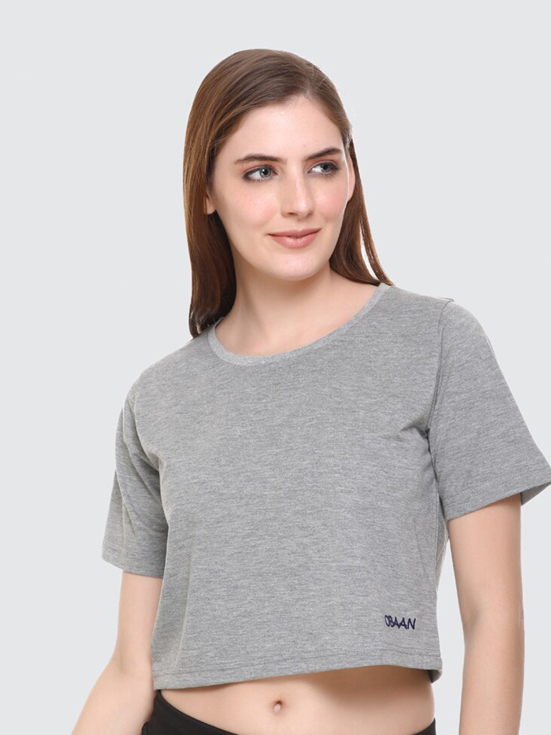 Obaan Women Grey Cotton Crop T-shirt