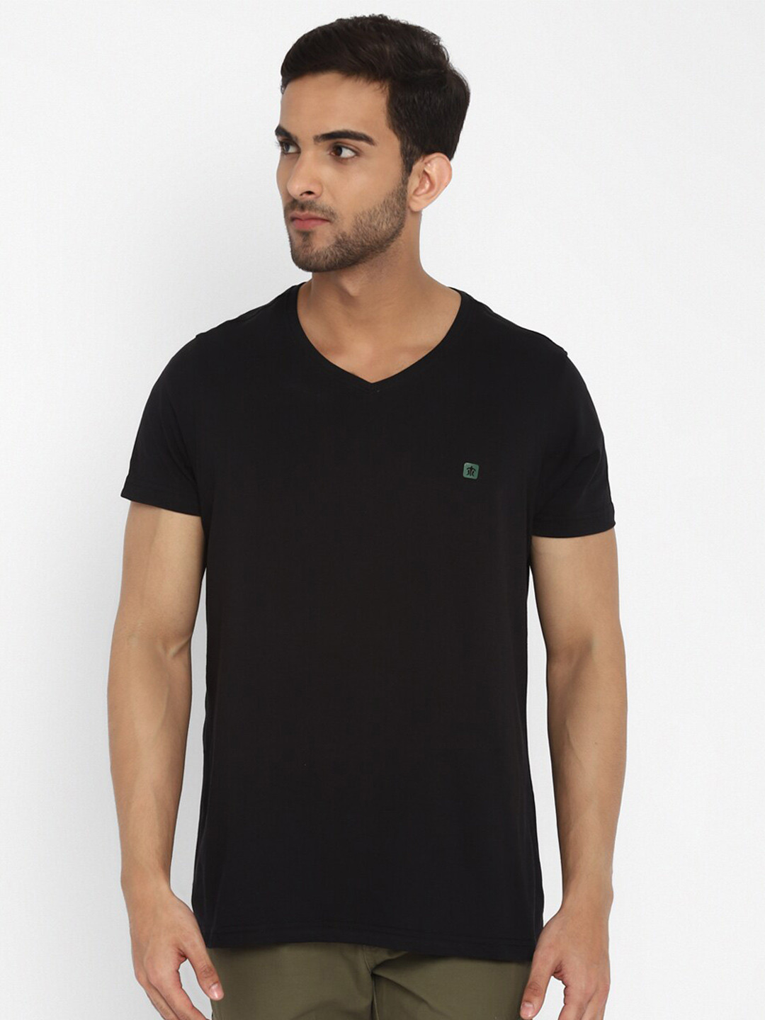Turtle Men Black V-Neck Slim Fit T-shirt