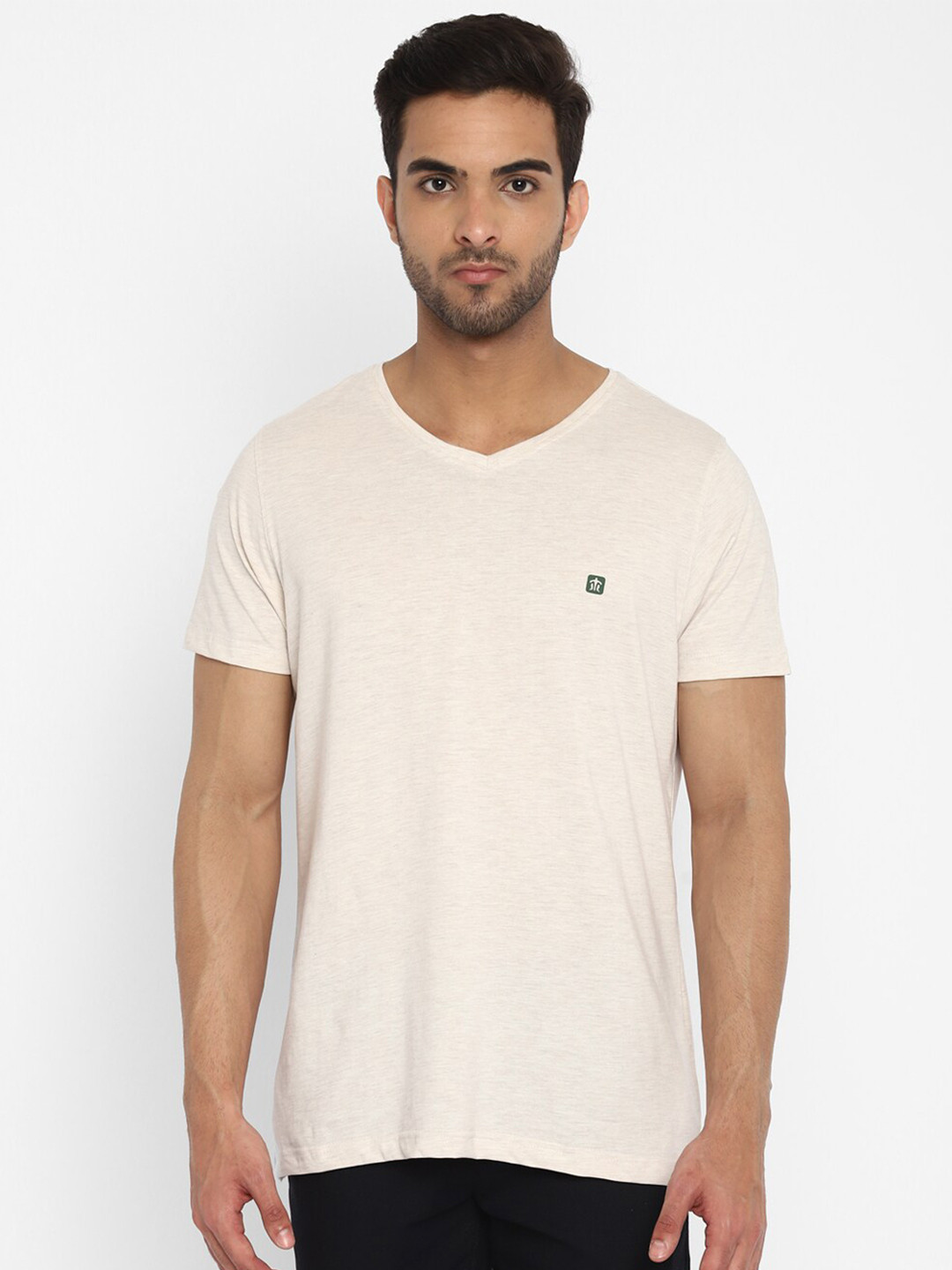 Turtle Men Cream-Coloured V-Neck Slim Fit T-shirt