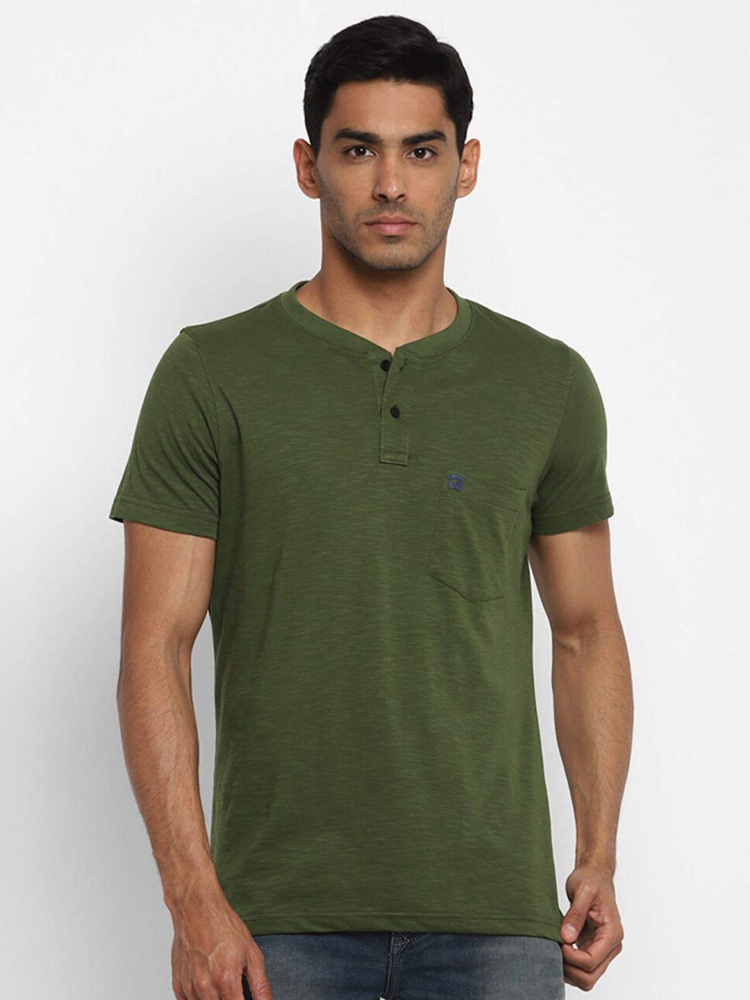 Turtle Men Olive Green Henley Neck Cotton Slim Fit T-shirt