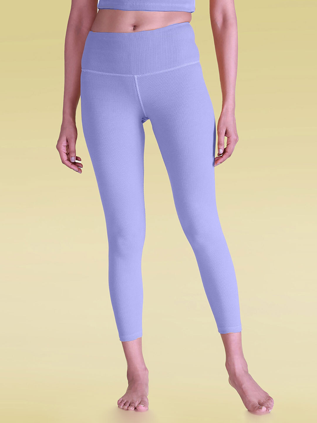 KICA Women Lavender Cotton Ribbed Leggings with V Waistband For Yoga