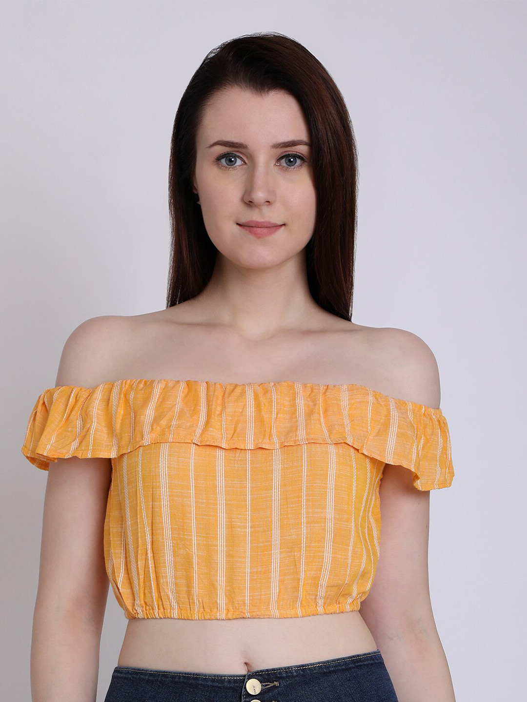 CHIMPAAANZEE Mustard Yellow Striped Off-Shoulder Bardot Crop Top