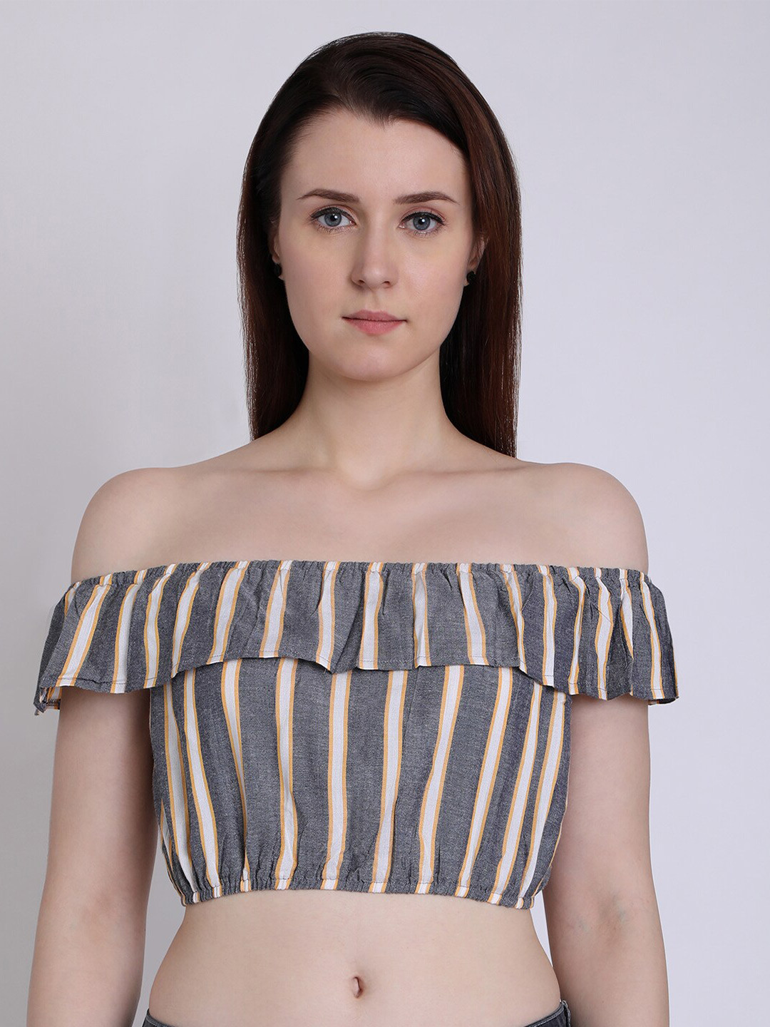 CHIMPAAANZEE Grey Striped Off-Shoulder Bardot Crop Top