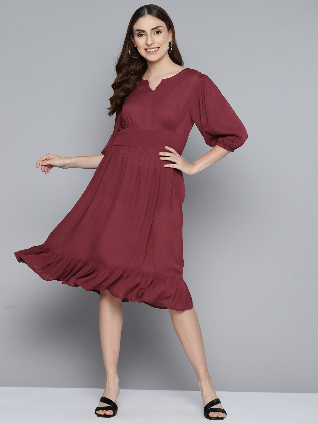 HERE&NOW Burgundy Puff Sleeves Formal Dress