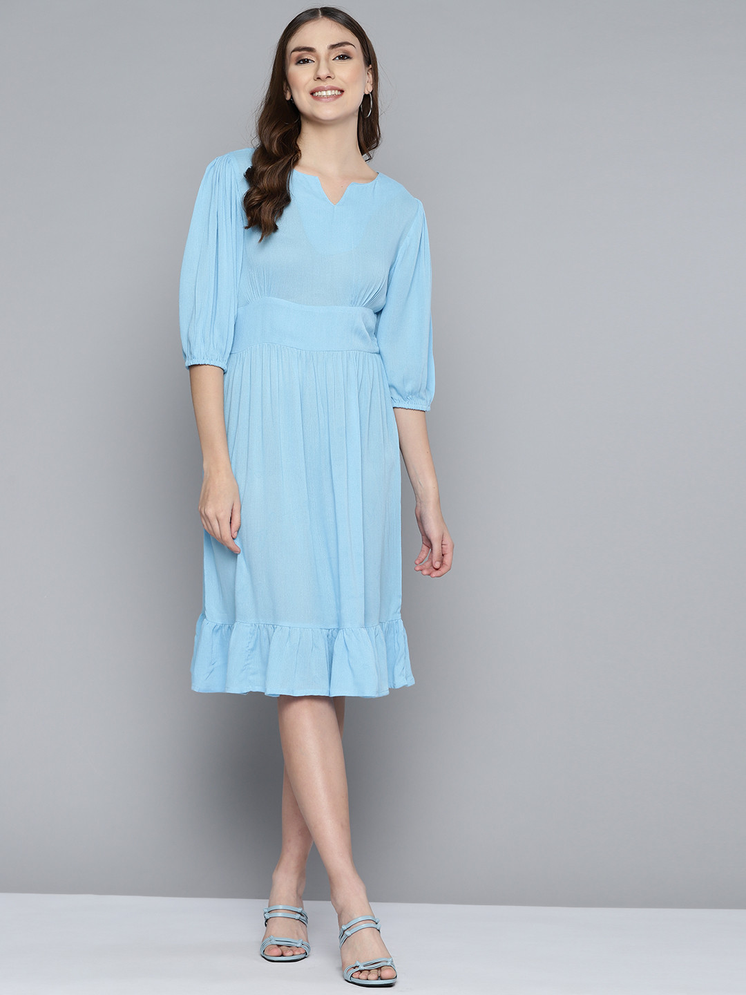 HERE&NOW Turquoise Blue Puff Sleeves Formal Dress