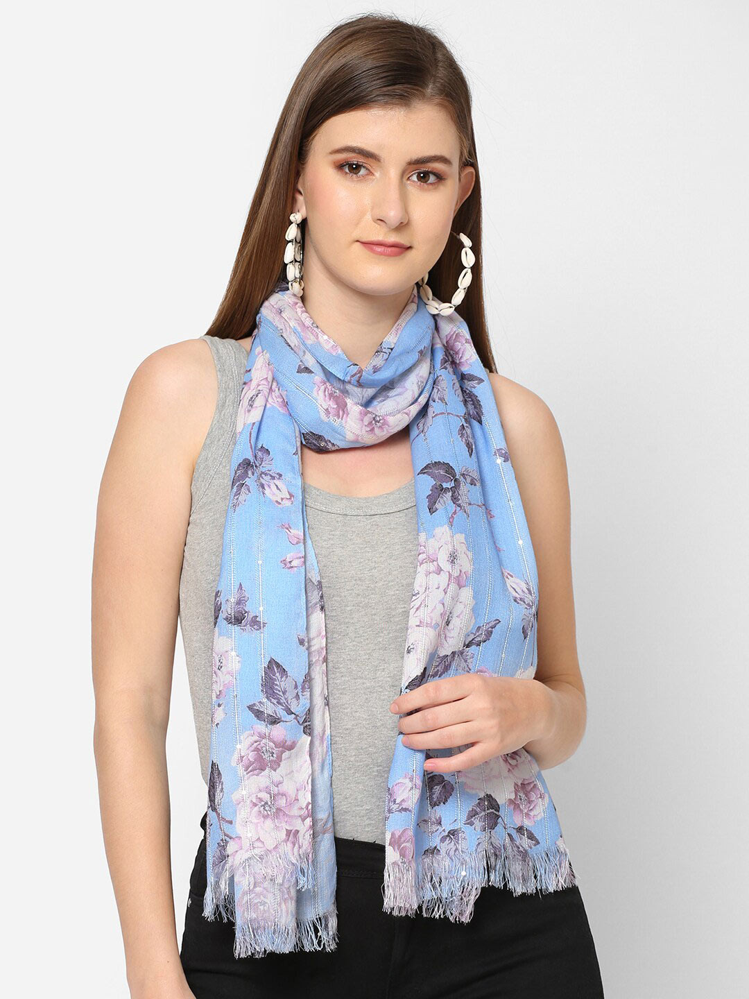 Cloth Haus India Women Blue & Pink Sequined Floral Printed Scarf
