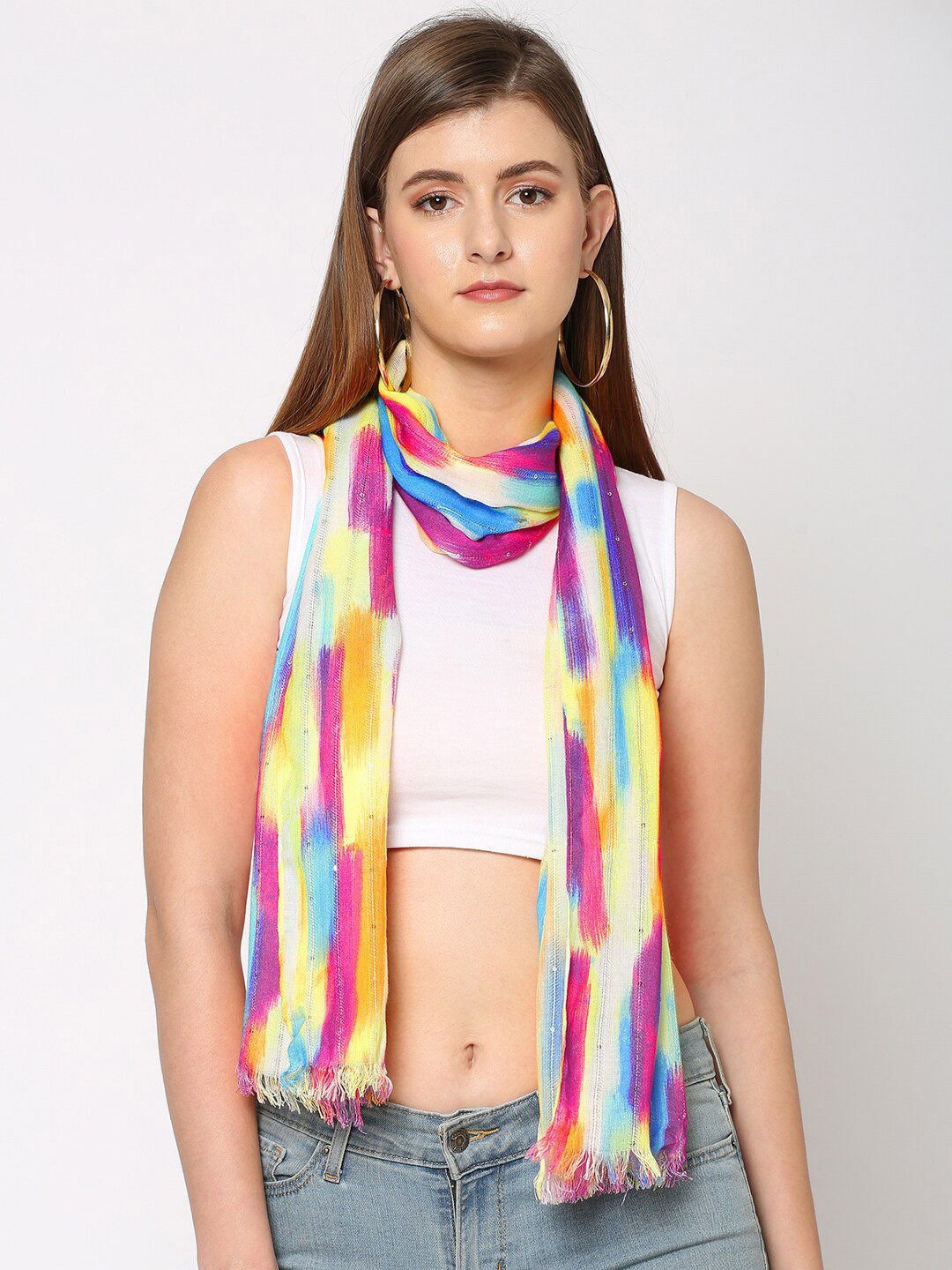 Cloth Haus India Women Yellow & Blue Abstract Printed Sequined Scarf