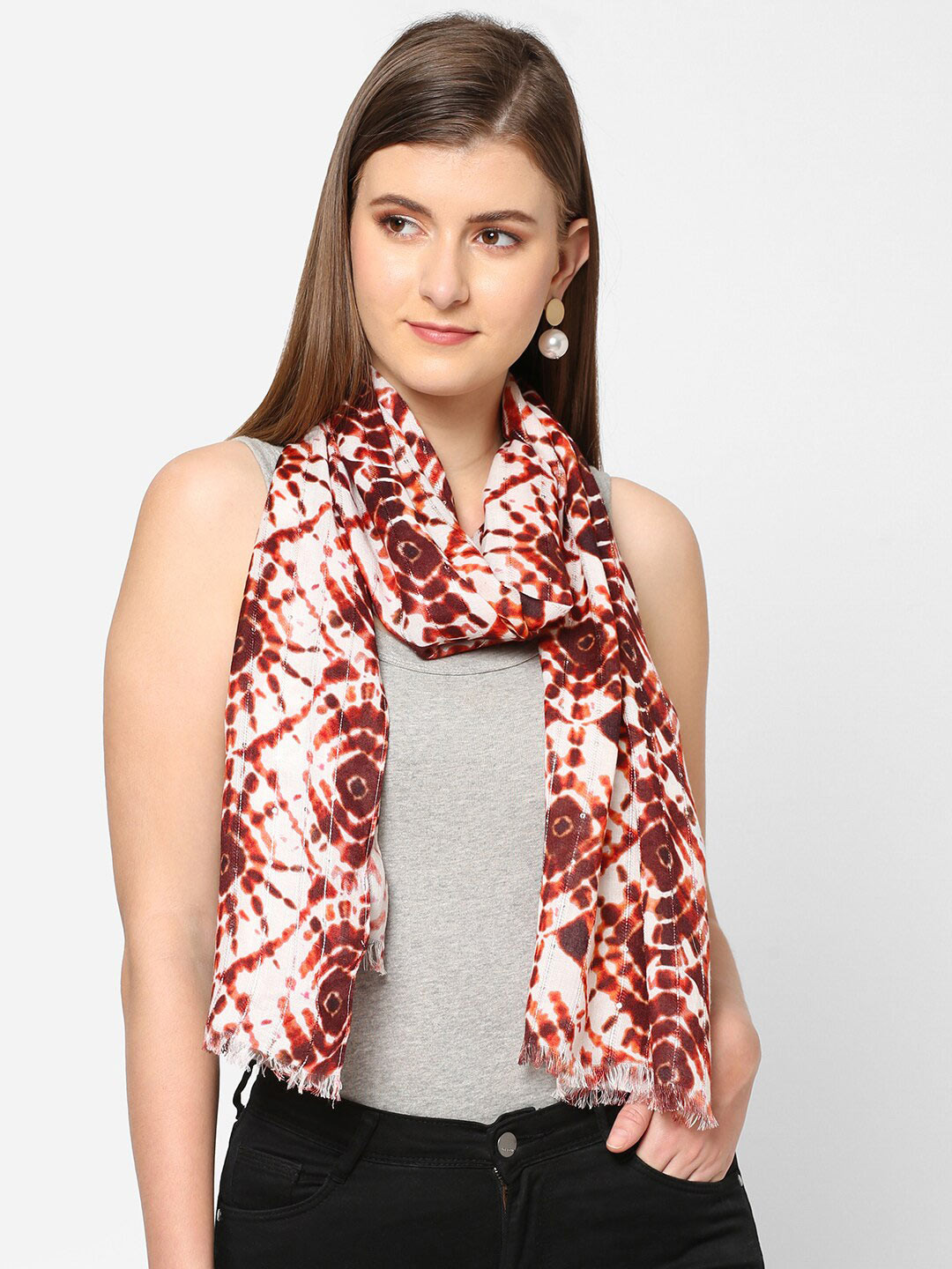 Cloth Haus India Women White & Brown Abstract Printed Sequined Scarf