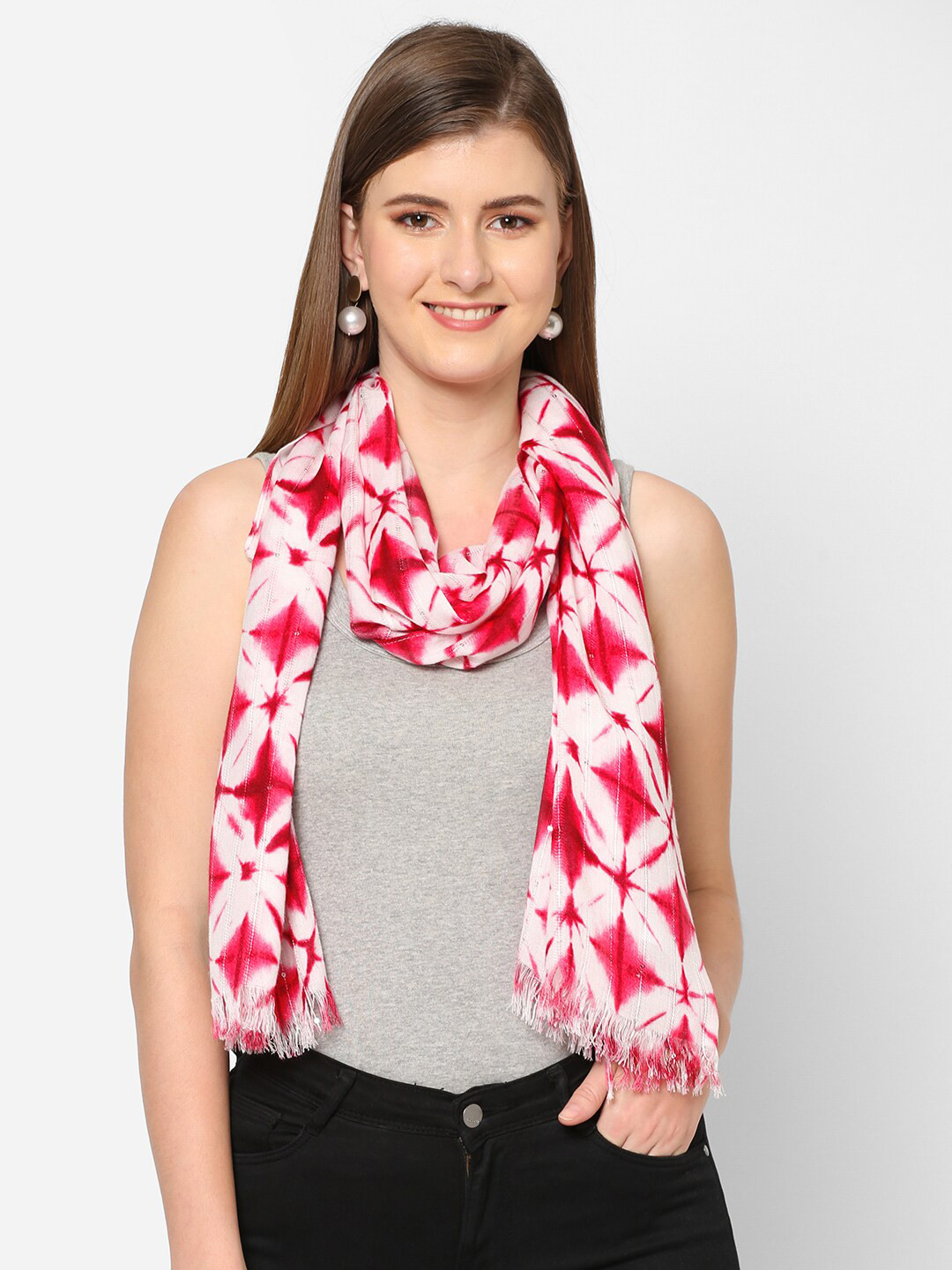 Cloth Haus India Women Pink & White Sequins Printed Scarf