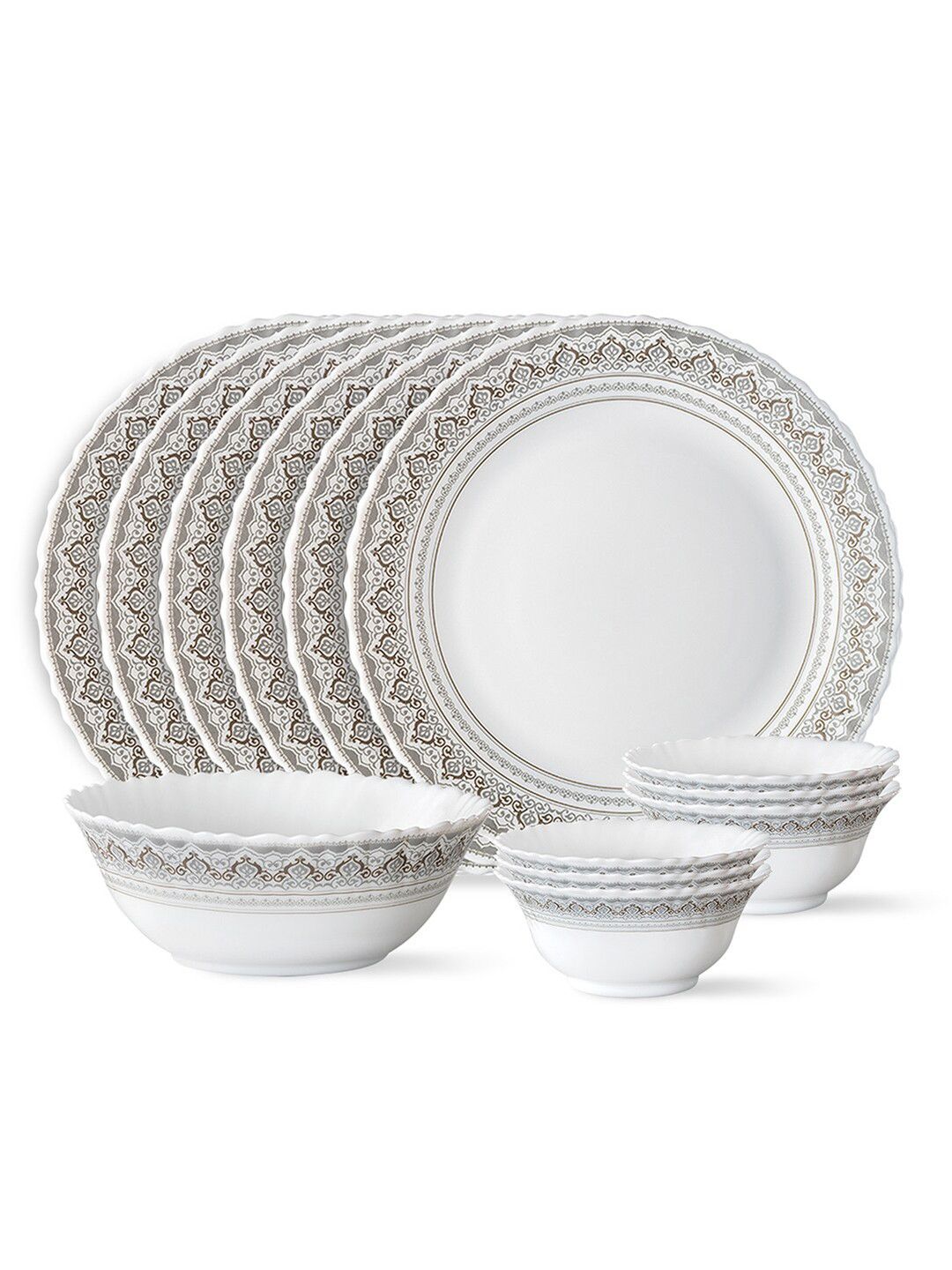 Larah by BOROSIL Fluted Series White Ethnic Motifs Opalware Microwave Safe 13 Piece Dinner Set