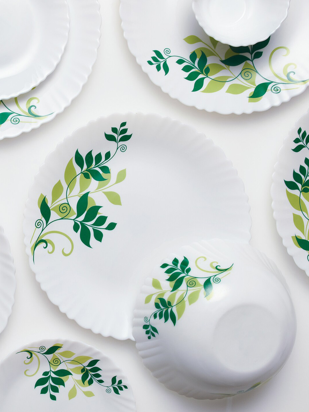 Larah by BOROSIL Fluted Series Fern White Leaf Opalware Microwave Safe 18 Piece Dinner Set