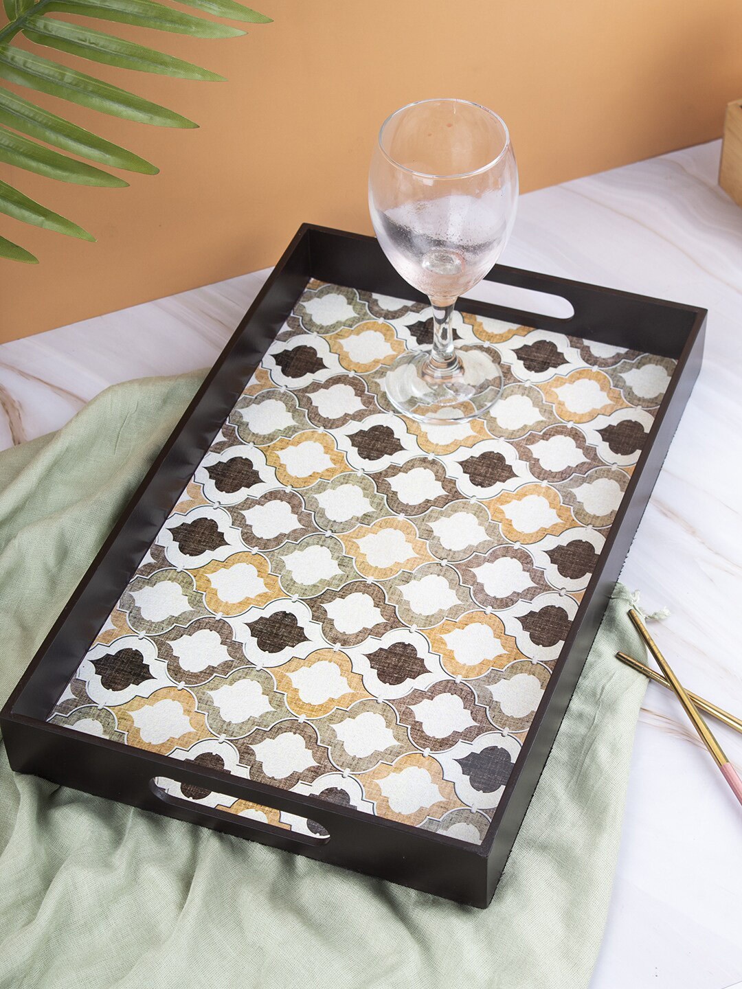 MARKET99 Brown Printed Wooden Serving Tray With Handle