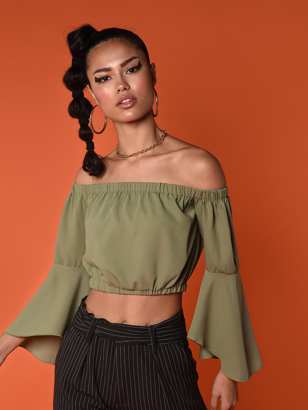 CHIMPAAANZEE Green Off-Shoulder Bardot Crop Top