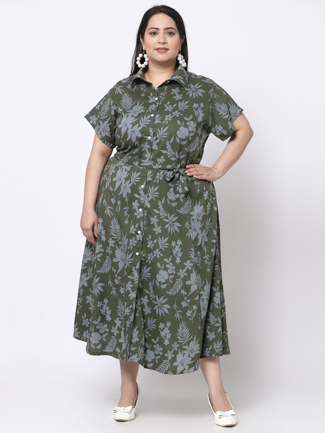 KLOTTHE Women Olive Green & Grey Floral Shirt Maxi Dress