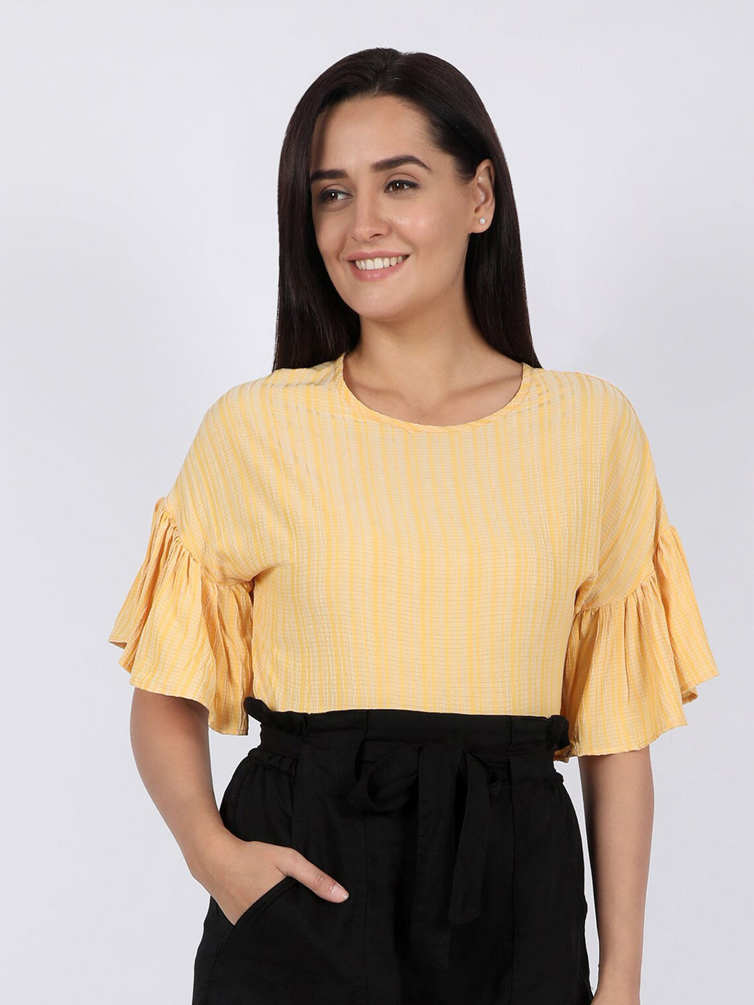 CHIMPAAANZEE Yellow Striped Bell Sleeves Top