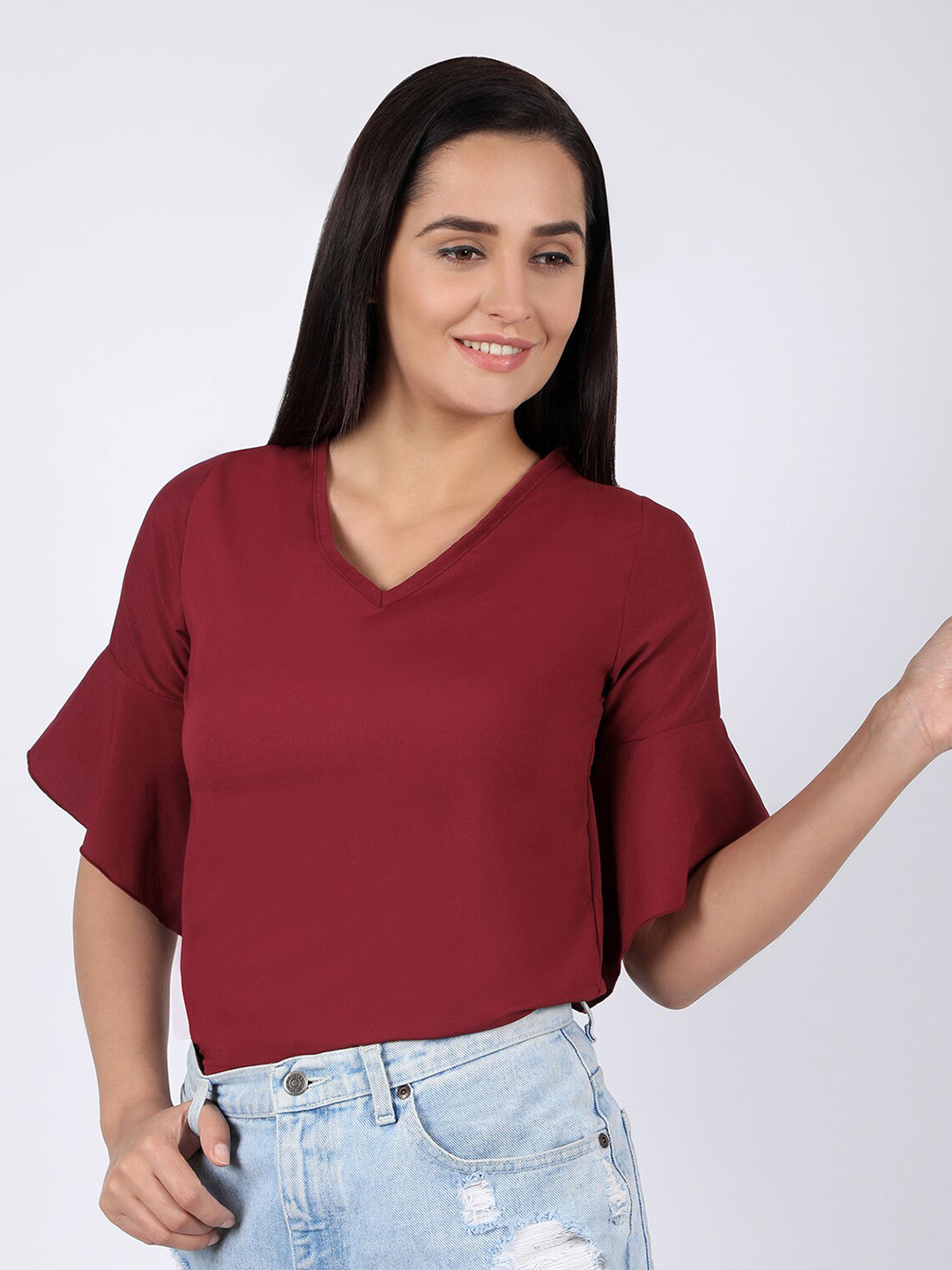 CHIMPAAANZEE Maroon V Neck Flared Sleeve Top