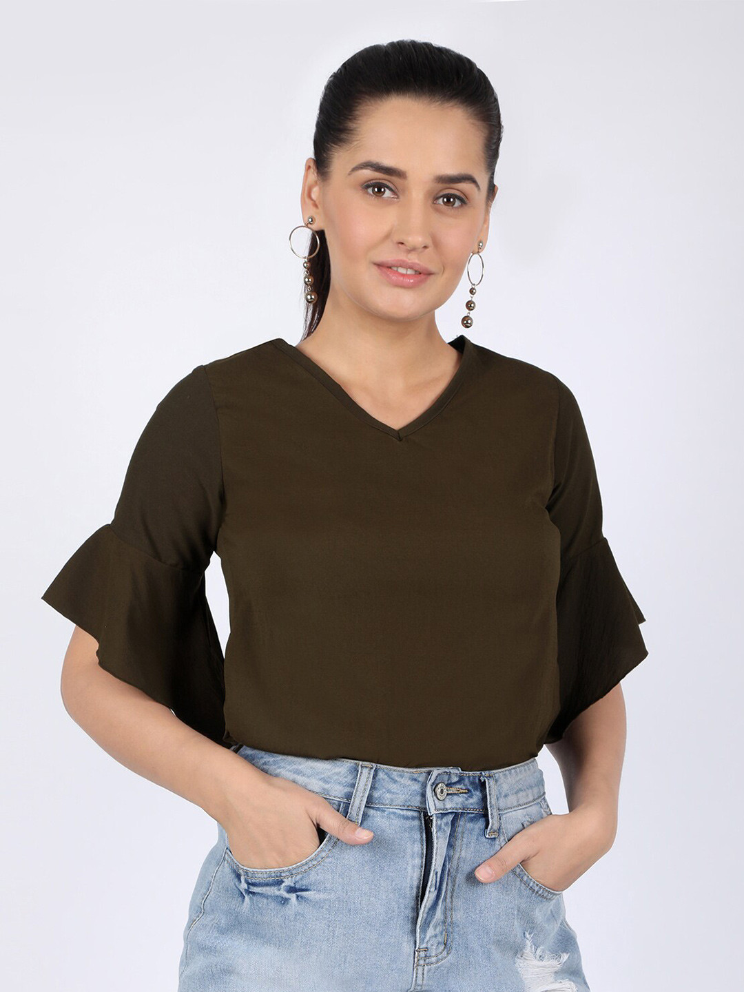 CHIMPAAANZEE Olive Green Solid Bell Sleeves Top