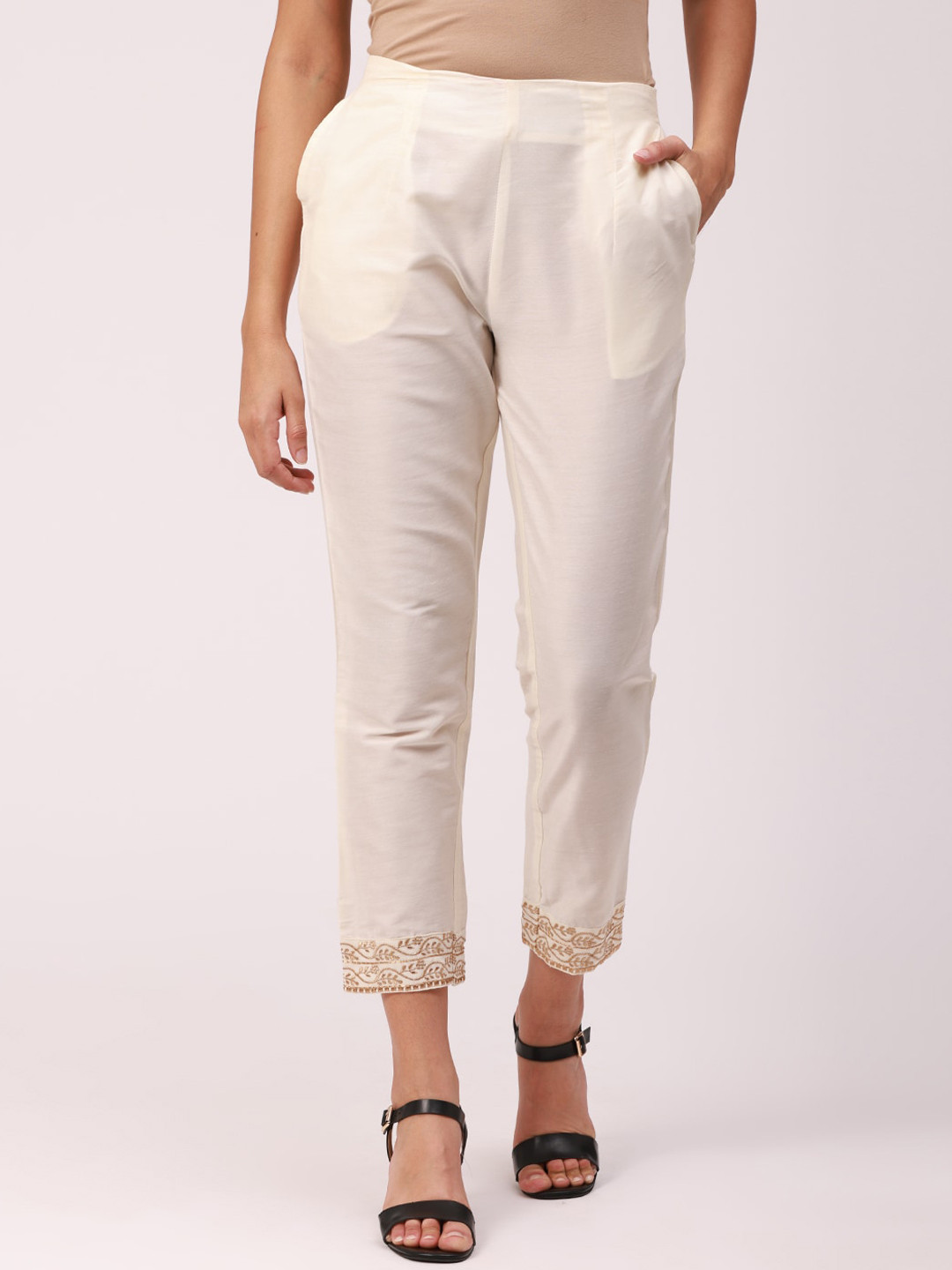 De Moza Women Off White Cigarette Trousers