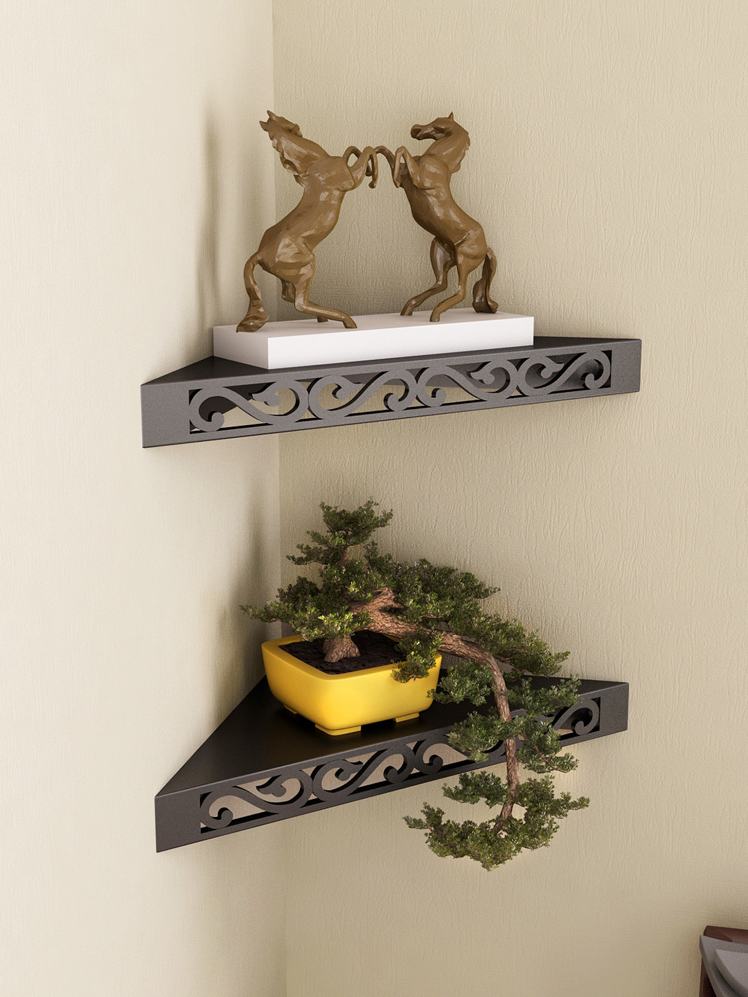 Home Sparkle Black Set of 2 Corner Wall Shelves