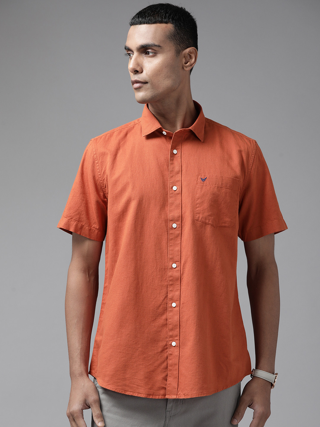 Blackberrys Men Rust Orange Cotton Linen Slim Fit Casual Shirt