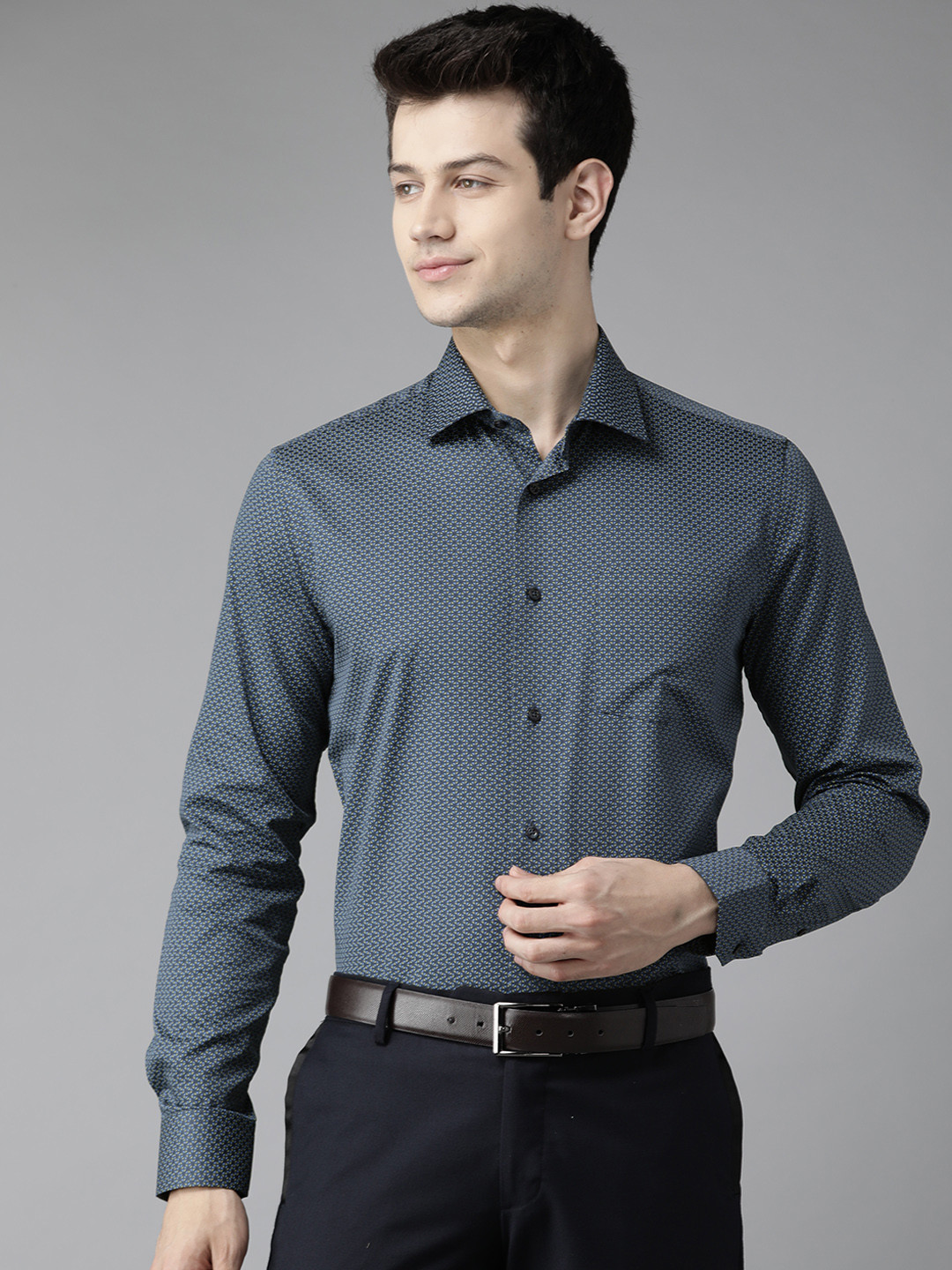 Blackberrys Men Navy Blue Pure Cotton India Slim Fit Printed Formal Shirt