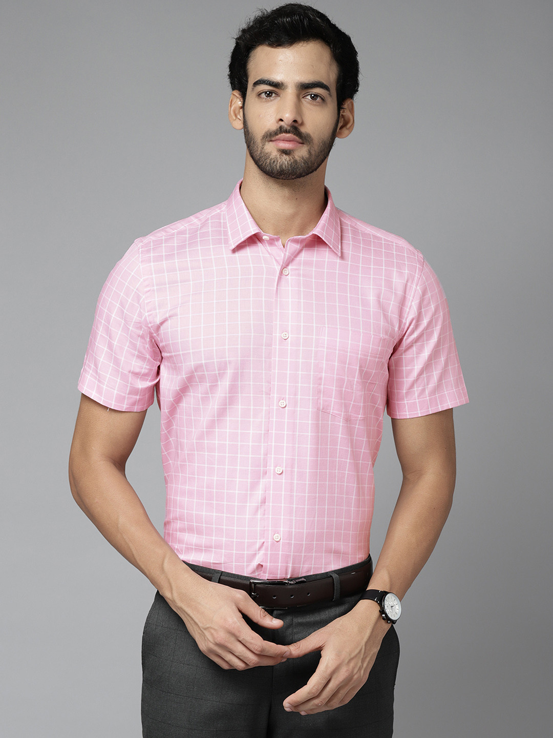 Blackberrys Men Pink & White India Slim Fit Grid Checks Pure Cotton Formal Shirt