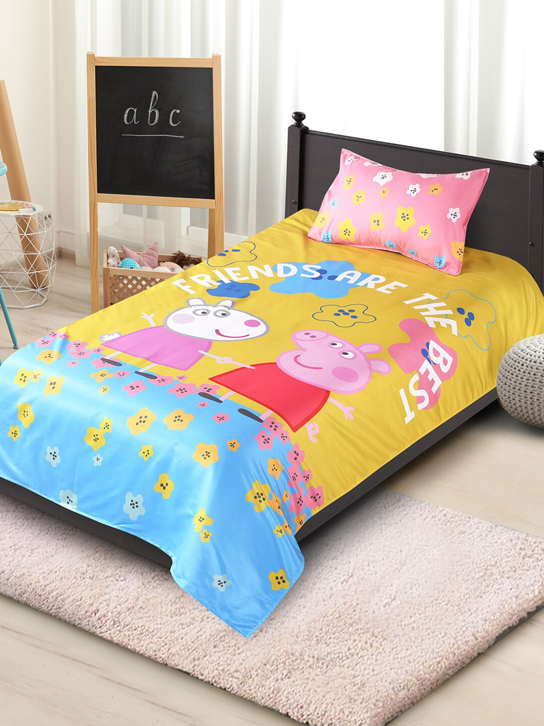 Saral Home Peppa Pig Yellow Cartoon Characters Cotton 180 TC Single Fine Bedsheet with a Pillow Cover-90 x 60 inches