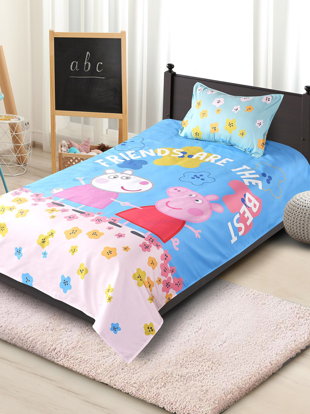 Saral Home Peppa Pig Blue Conversational Cotton 180 TC Single Fine Bedsheet with a Pillow Cover-90 x 60 inches