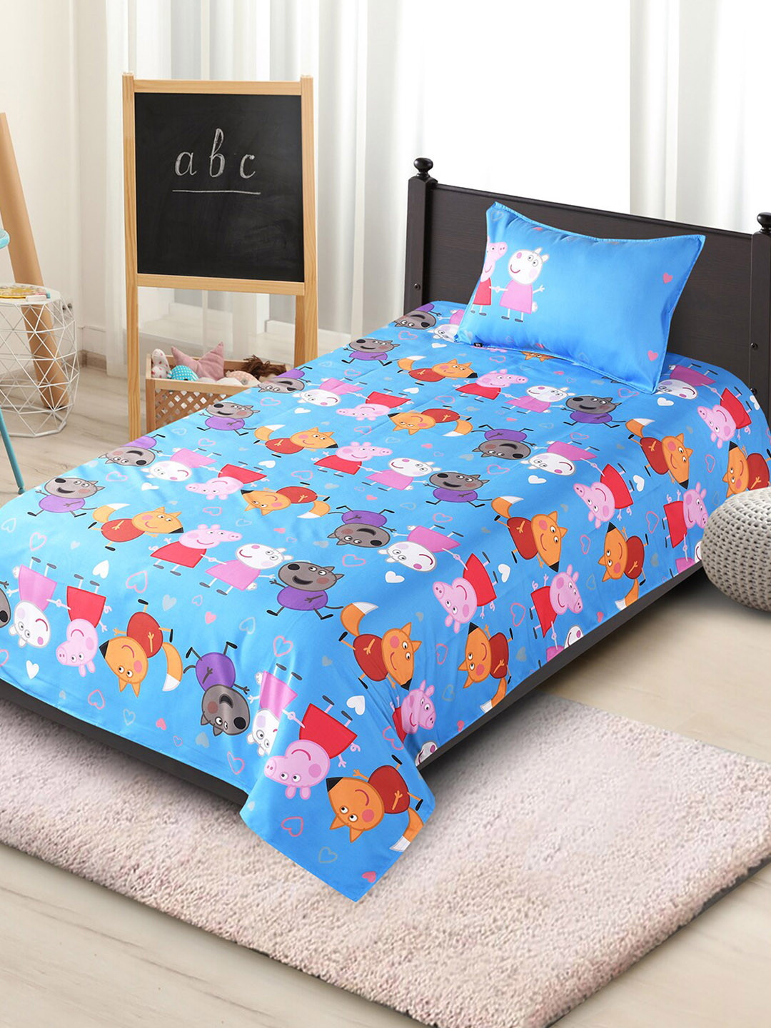 Saral Home Blue & Orange Cartoon Characters 180 TC Single Bedsheet with 1 Pillow Covers