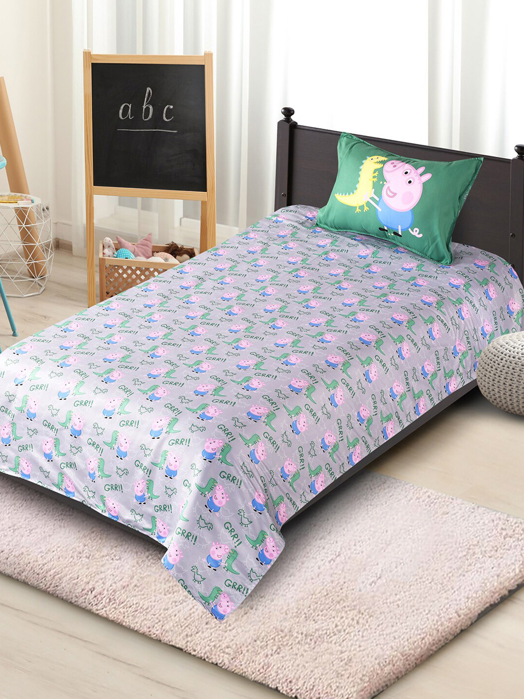 Saral Home Peppa Pig Grey Cartoon Characters Cotton 180 TC Single Fine Bedsheet with a Pillow Cover-90 x 39 inches