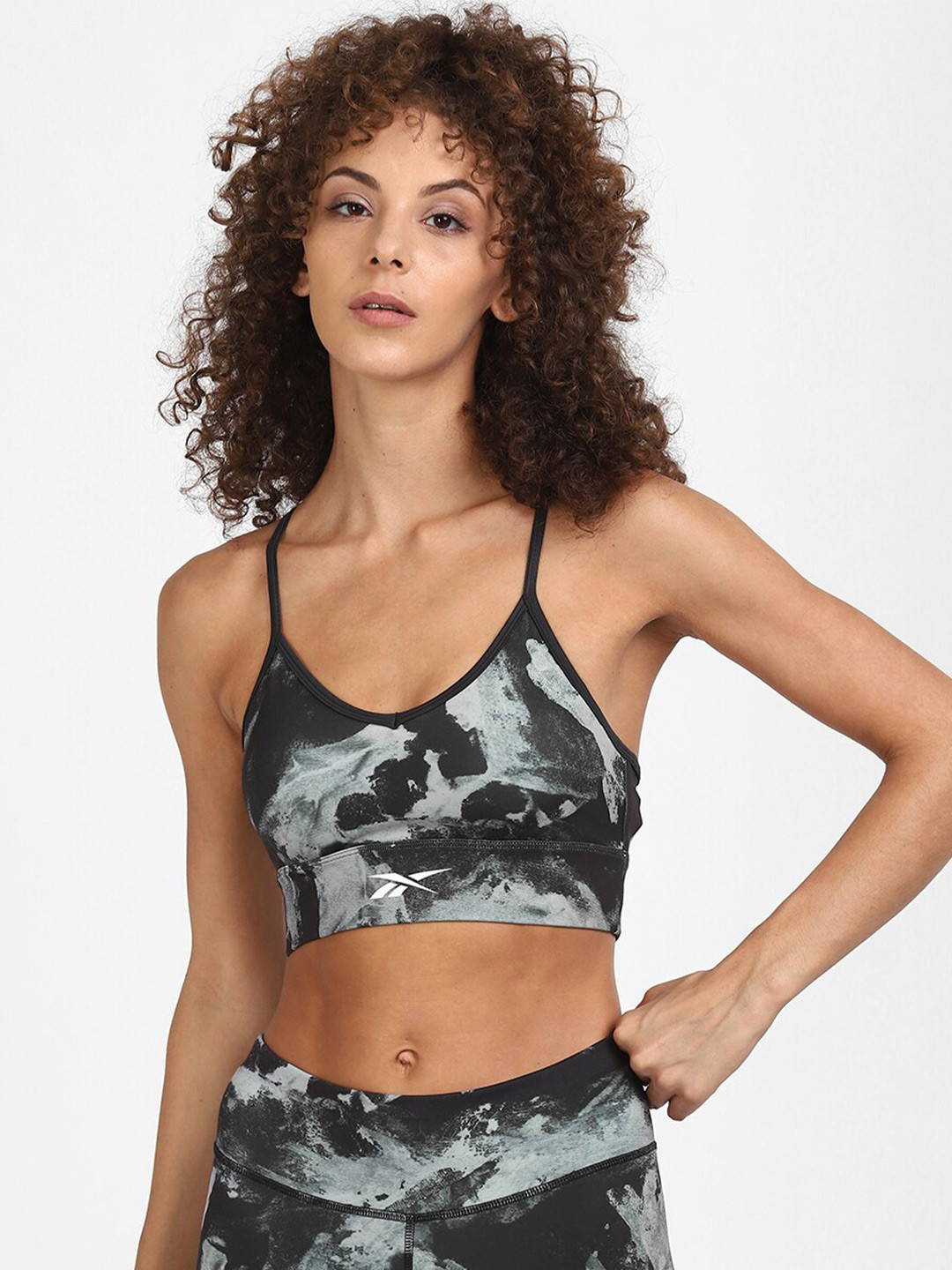 Reebok Black & White Abstract Printed Padded Styled Back Sports Bra