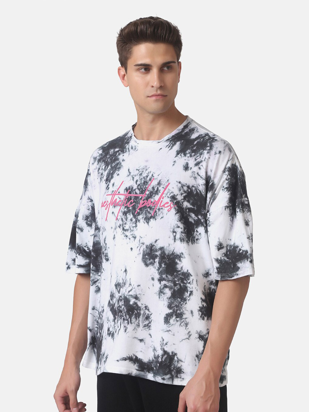 Aesthetic Bodies Men Black & White Tie and Dye Loose Sports T-shirt
