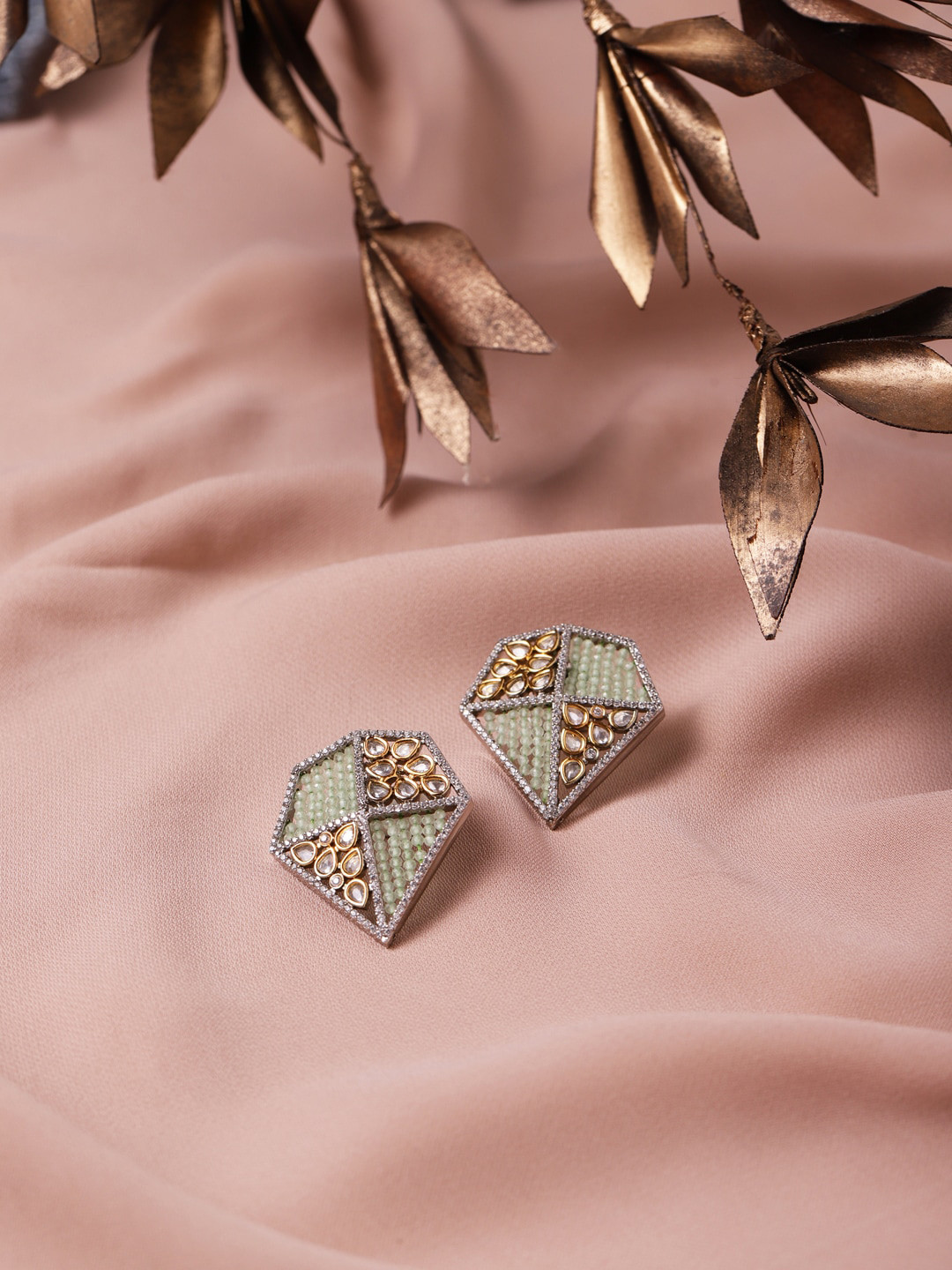 RITU SINGH Green & Silver-Toned Geometric Studs Earrings