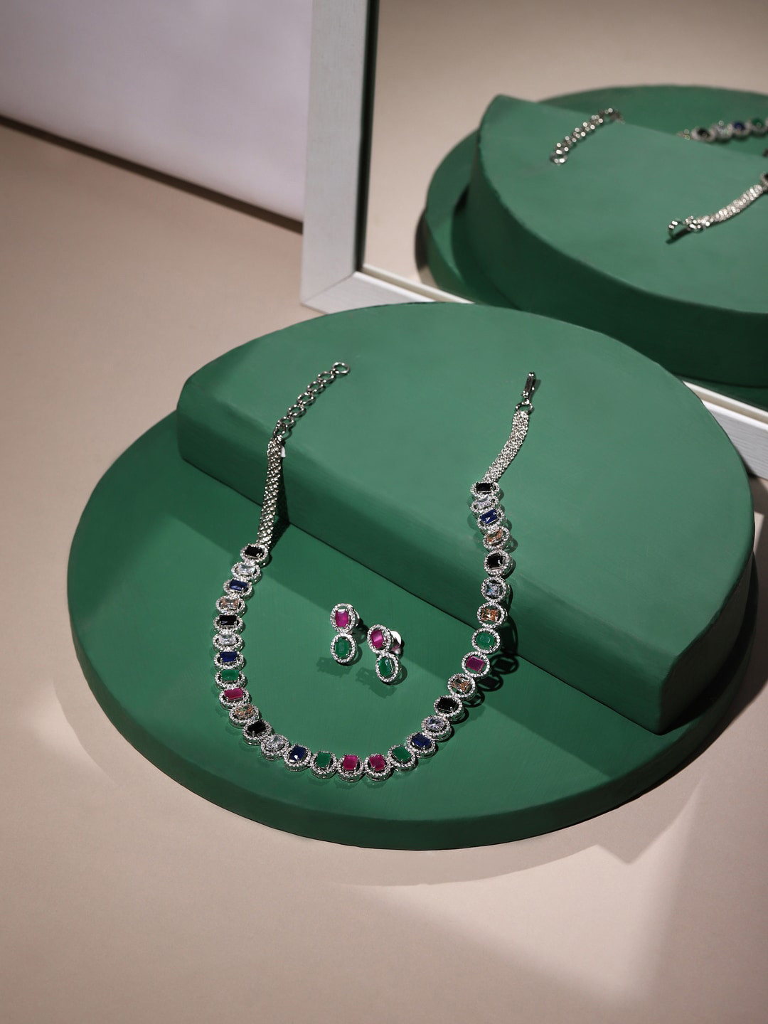 RITU SINGH Sterling Silver Rhodium-Plated Artificial Diamond Stone Jewellery Set