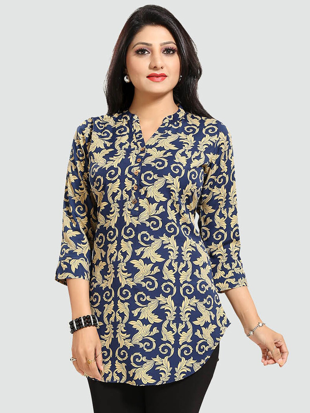 Saree Swarg Blue & Cream-Coloured Mandarin Collar Printed Tunic