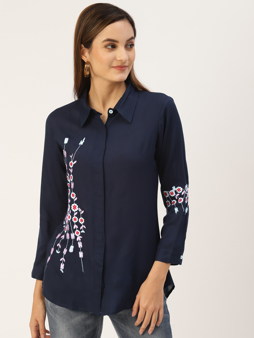 KBZ Navy Blue & White Floral Print Shirt Style Top