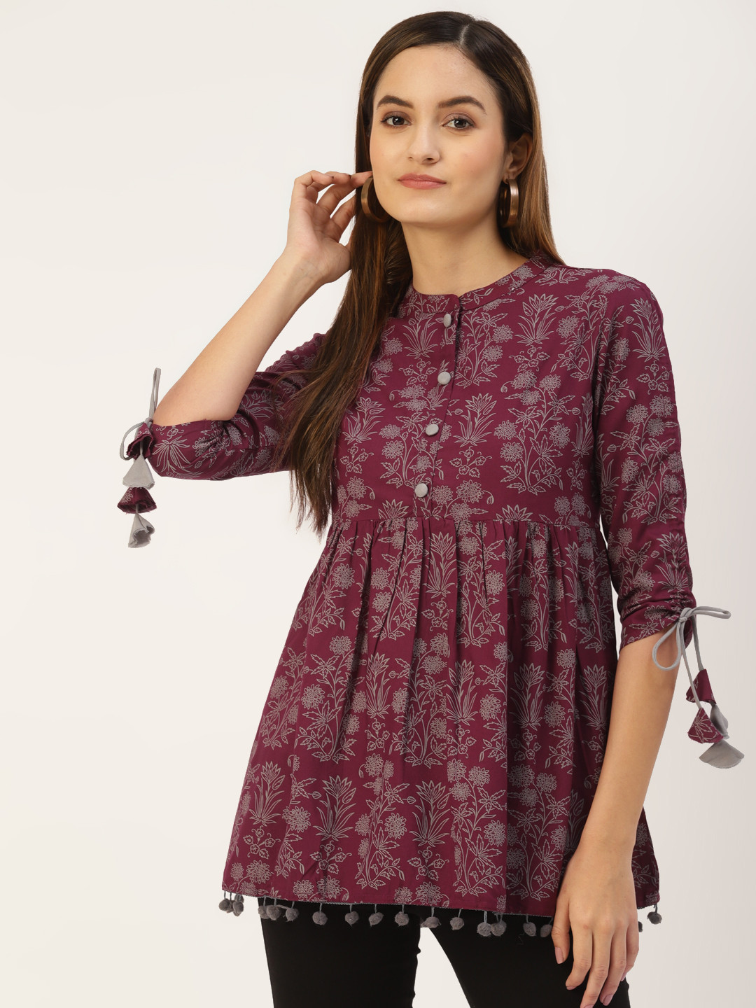 KBZ Maroon & Grey Print Mandarin Collar Top