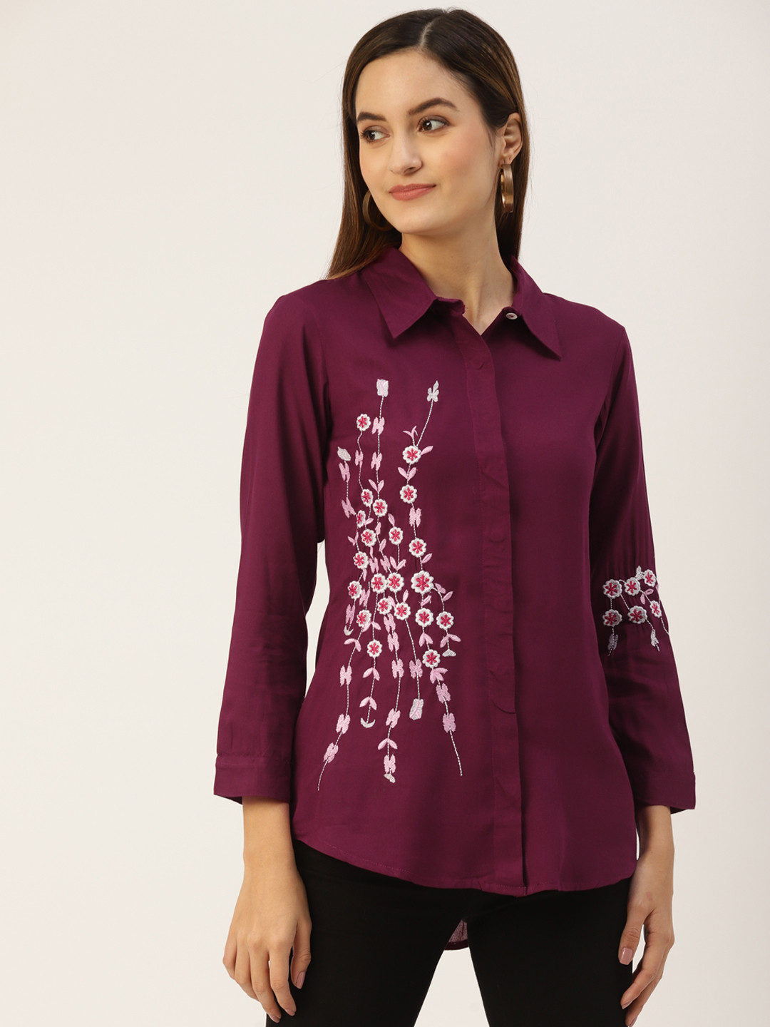 KBZ Maroon & White Floral Print Shirt Style Top