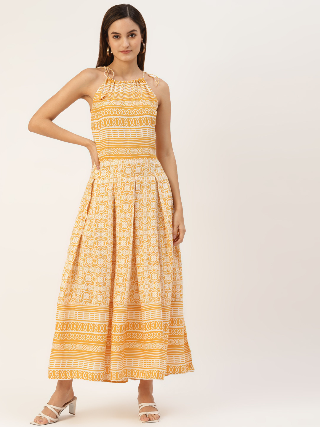 KBZ Women White & Mustard Yellow Ethnic Motifs Printed Halter Neck A-Line Maxi Dress