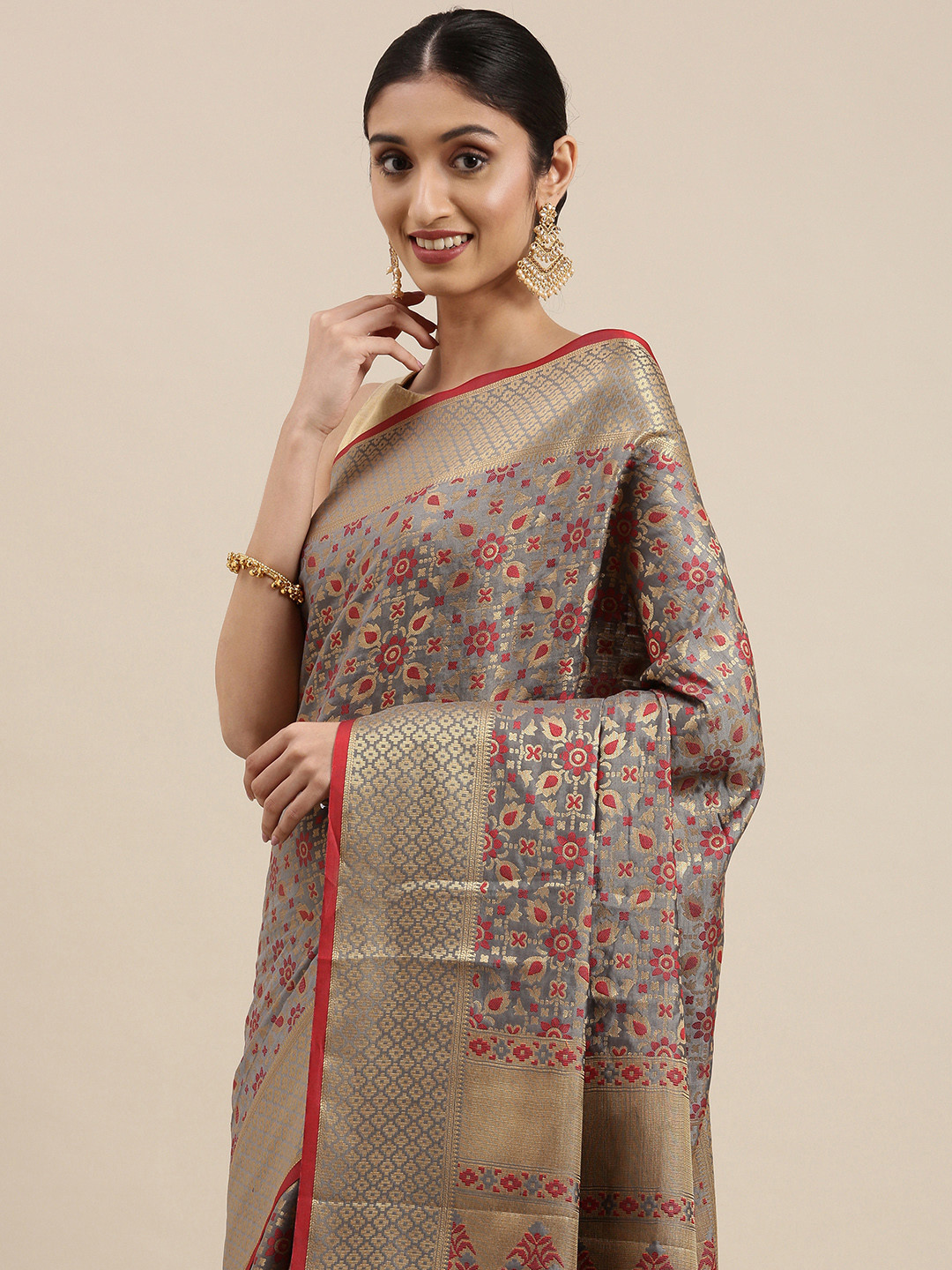 Mitera Grey & Maroon Ethnic Motifs Zari Silk Blend Patola Saree