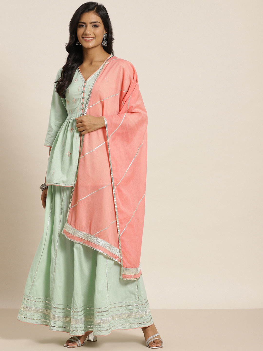 Juniper Women Green Embroidered Thread Work Kurti with Skirt & Dupatta