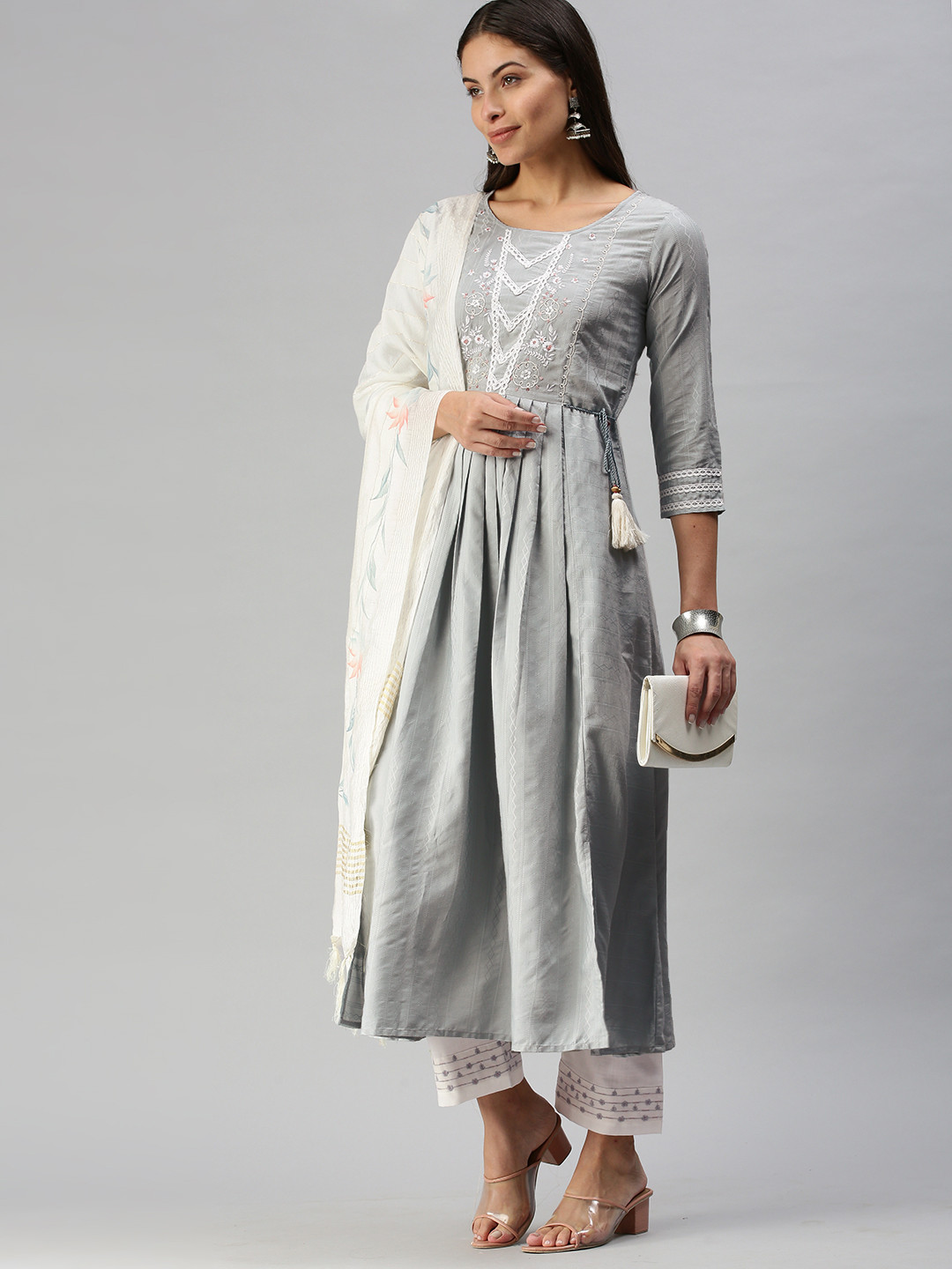 SheWill Women Grey Floral Embroidered Pleated Sequinned Kurta with Trousers & With Dupatta