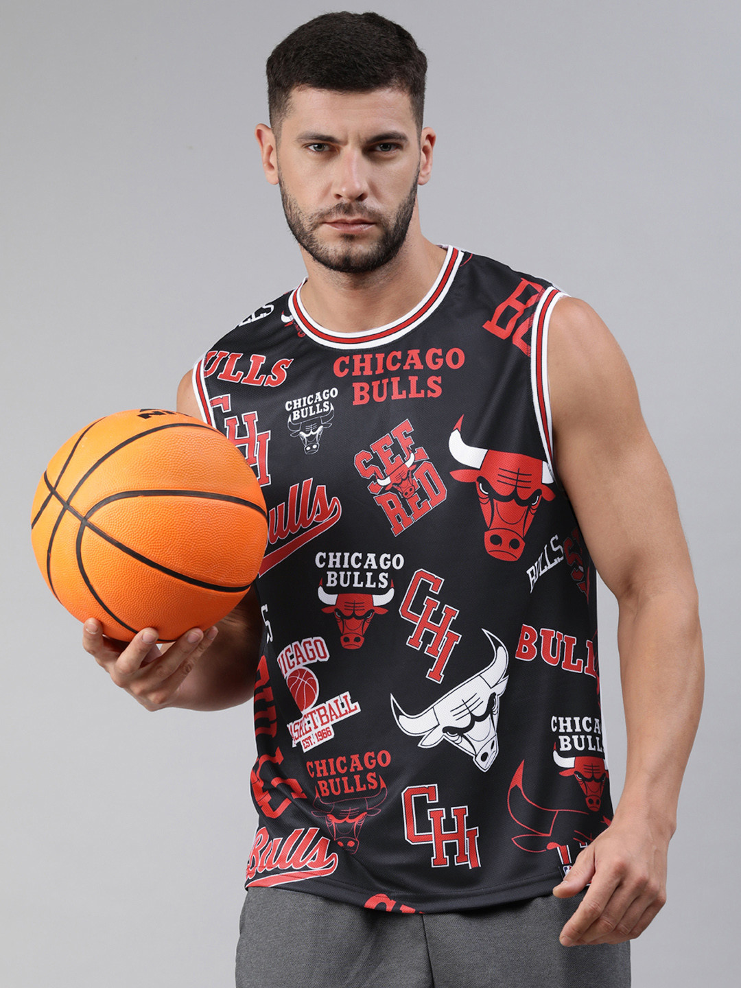 NBA Men Navy Blue & Red Chicago Bulls Printed Logo Mash Sleeveless Jersey
