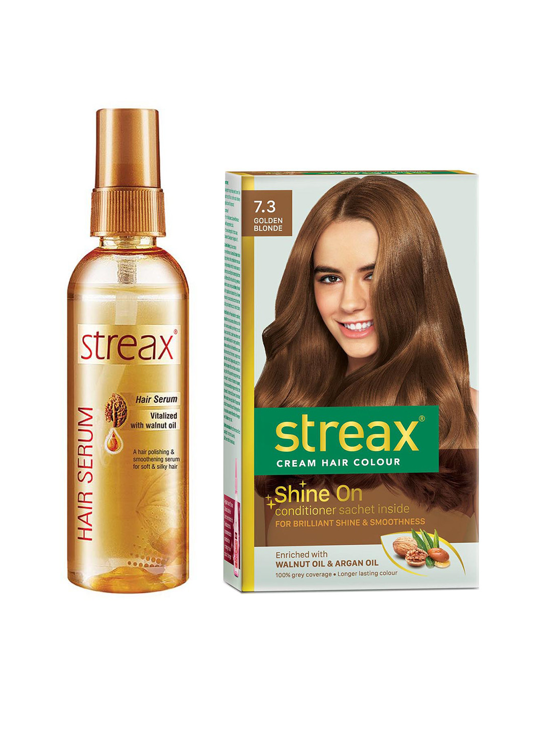 Streax Vitalized Hair Serum 100 ml & Shine On Cream Hair Colour 120 ml - Golden Blonde 7.3