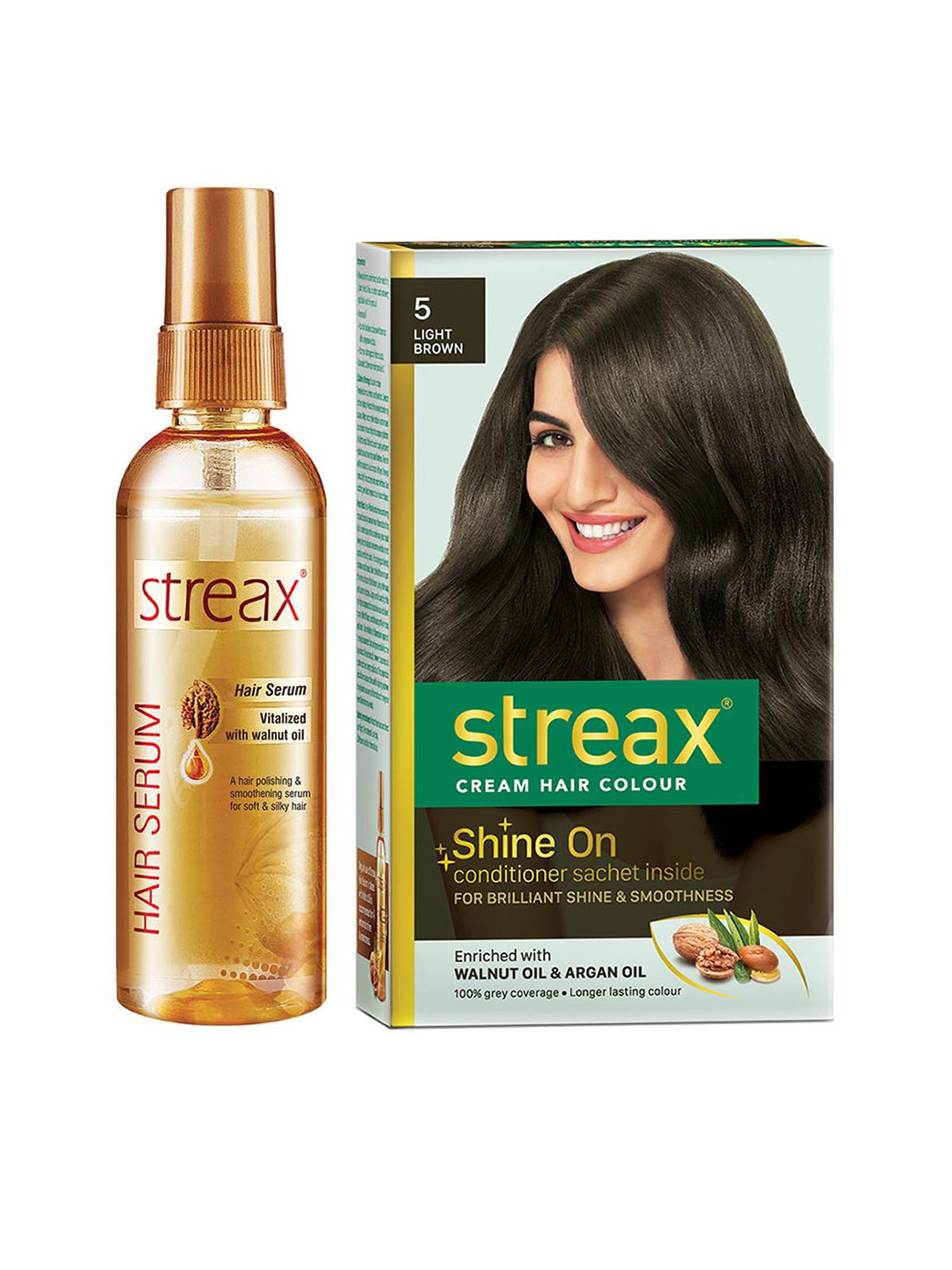 Streax Vitalized Hair Serum 100 ml & Shine On Cream Hair Colour 120 ml - Light Brown 5